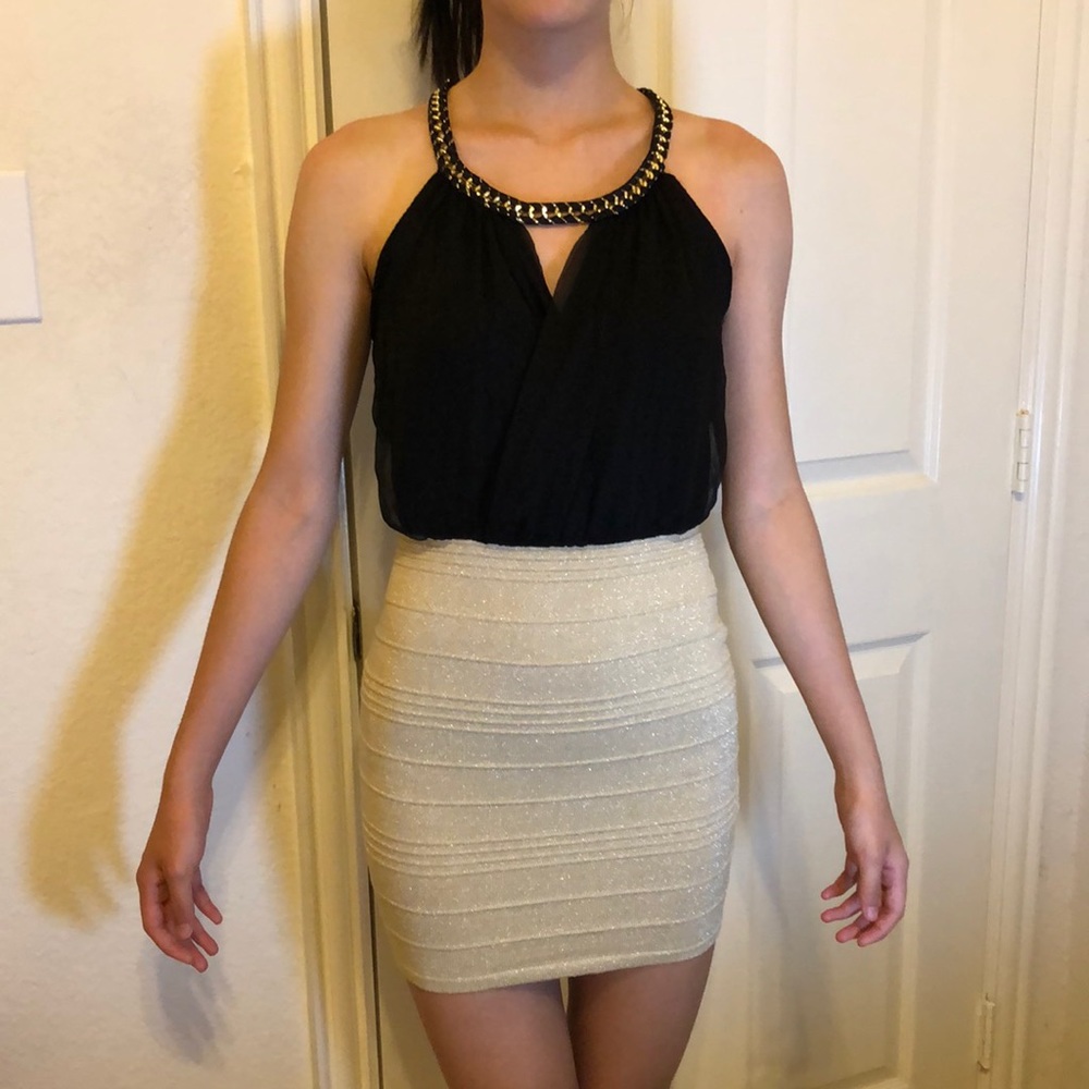 Black/Gold Color-block Bandage Halter Dress